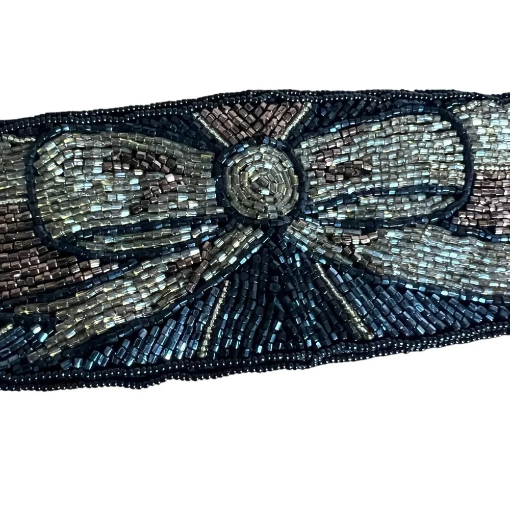 VTG 90s Hand Beaded Tie Belt Art Deco Boho Waist Sash Black Gold Destinee Glam
